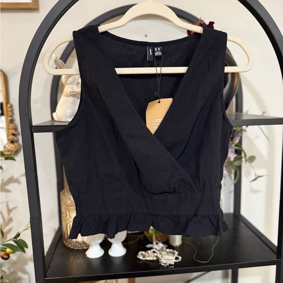 Vero Moda Black Fitted Ruffled Sailor Collar Crop Top size xs - Picture 2 of 6